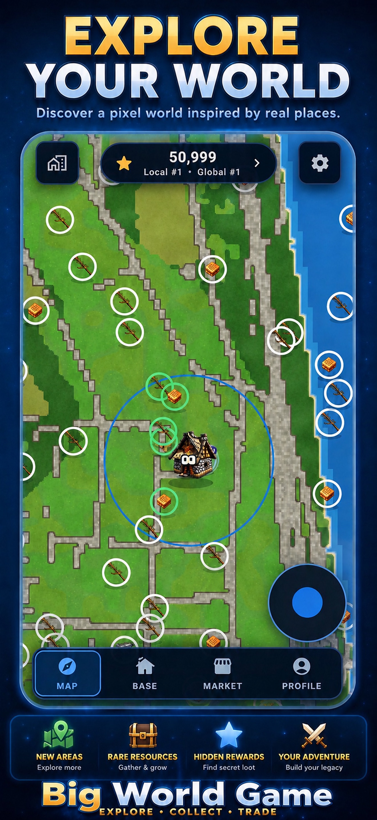 Big World Game-Karte mit Ressourcen und interessanten Orten